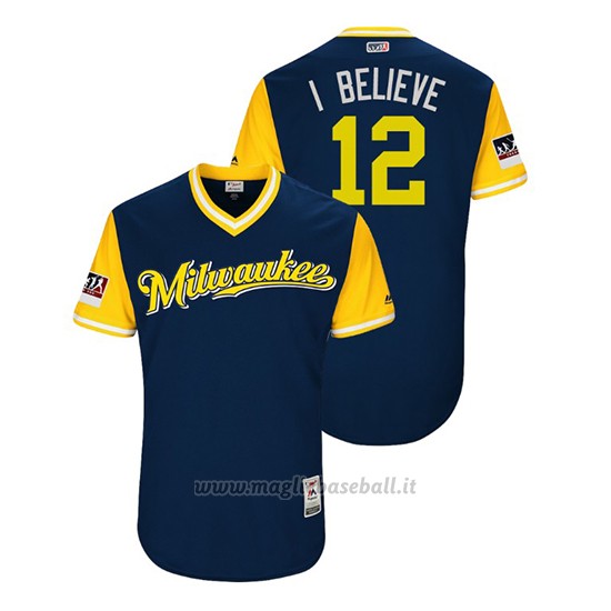 Maglia Baseball Uomo Milwaukee Brewers Stephen Vogt 2018 Llws Players Weekend I Believe Blu